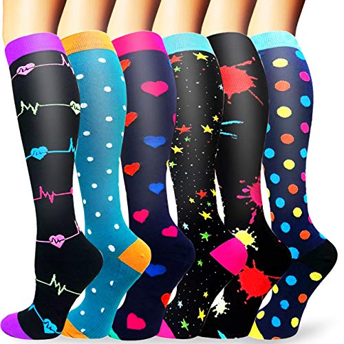 Sooverki Medias de compresión, Calcetines de compresión Mujer y Hombre, Calcetines Compresivos Enfermera para Trabajo, Ciclismo, Trotar, Correr, Deporte, Volar, Viajar A2-Multicolor-6 Pares S/M