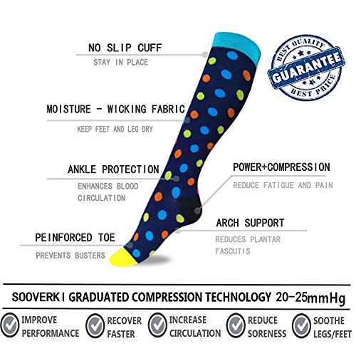 Sooverki Medias de compresión, Calcetines de compresión Mujer y Hombre, Calcetines Compresivos Enfermera para Trabajo, Ciclismo, Trotar, Correr, Deporte, Volar, Viajar A2-Multicolor-6 Pares S/M