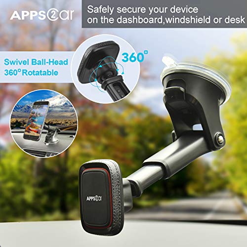 Soporte Magnético Teléfono Coche , APPS2Car Soporte del Coche Móvil, Universal Para Parabrisas y Salpicadero con Ventosa, Ajustable, 6 Imanes Fuertes Para Todos los Teléfonos Móviles