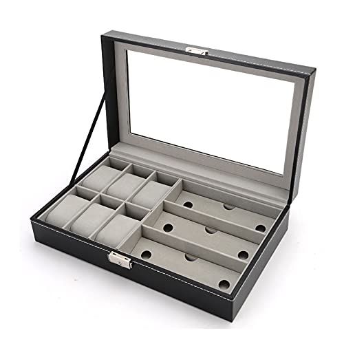 Soporte para Gafas Caja de cuero 6 Reloj Caja de joyería y lentes de 3 piezas Almacenamiento de gafas y múltiples gafas de gafas de gafas de gafas para mujer Hombres Organizador ( Color : Black )