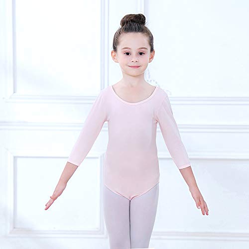 Soudittur Maillot de Ballet Danza Clásico para Niña Manga 3/4 Body Leotardo Gimnasia Ritmica (Rosa, Tag 120(Height: 115-125 cm))