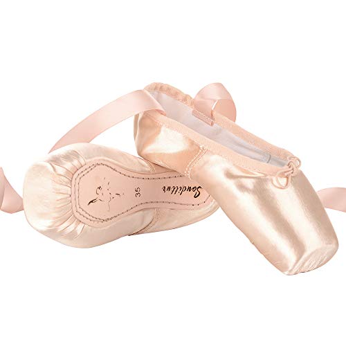 Soudittur Zapatillas de Ballet de Punta Pointe Zapatos Satén con Puntera de Gel de Silicona y Cintas para Niñas Rosa EU 35