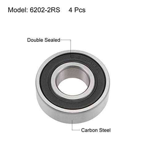 sourcing map 6202-2RS Rígidos Rodamientos Bolas Z2 15mm x 35mm x 11mm 4pcs Blindaje Doble Acero Carbono