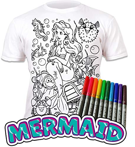 Splat Planet Camiseta Sirena para niñas. con impresión para Pintar y Colorear. Incluye 6 Colores mágicos Lavables. Cumpleaños Infantil 7-8 años