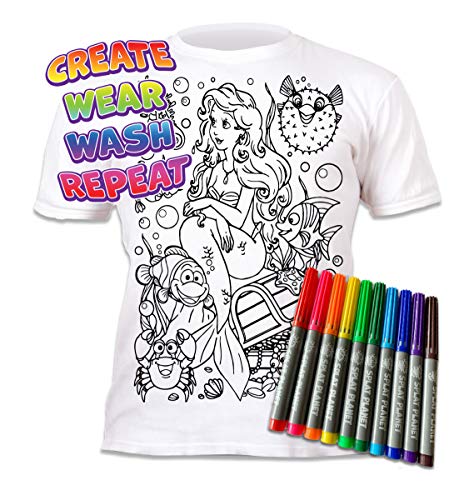 Splat Planet Camiseta Sirena para niñas. con impresión para Pintar y Colorear. Incluye 6 Colores mágicos Lavables. Cumpleaños Infantil 7-8 años