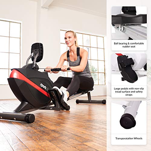 SportPlus SP-MR-008 - Máquina de Remo Fitness, Volante de Inercia de 8 kg, Sistema de Freno Magnético, 8 Niveles de Resistencia, Compatible con Correa de Pecho, Peso del Usuario hasta 150 kg