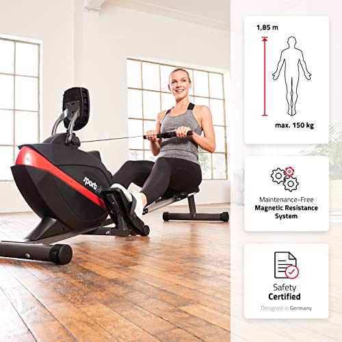 SportPlus SP-MR-008 - Máquina de Remo Fitness, Volante de Inercia de 8 kg, Sistema de Freno Magnético, 8 Niveles de Resistencia, Compatible con Correa de Pecho, Peso del Usuario hasta 150 kg