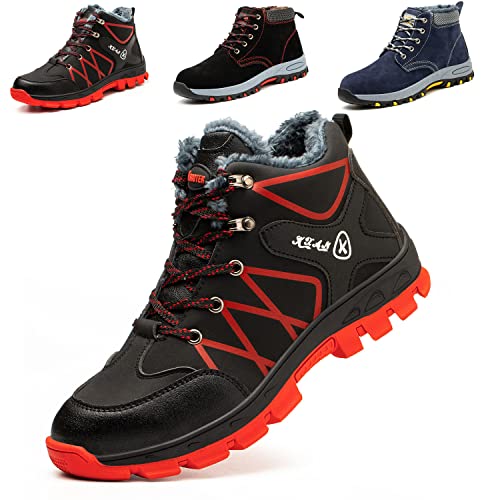 SROTER Mujer Hombre Invierno Botas de Seguridad Trabajo Zapatillas con Puntera de Acero Impermeables Botas de Nieve Zapatos de Trabajo Entrenador Unisex Zapatillas de Senderismo Rojo 45 EU