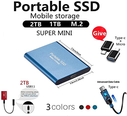 SSD externo de alta capacidad 2TB 4TB 8TB Tipo C Unidad de estado sólido portátil USB 3.1 540M/S Disco duro externo para computadoras portátiles y teléfonos celulares Con cable adaptador,4TB,Blue