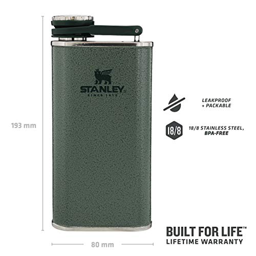 Stanley Classic Wide Mouth Flask 0.23L / 8OZ Hammertone Green with Never-Lose Cap – Petaca de Acero Inoxidable de Boca Ancha Para Llenar y Verter Fácilmente - Petaca Anti-Fugas Sin BPA