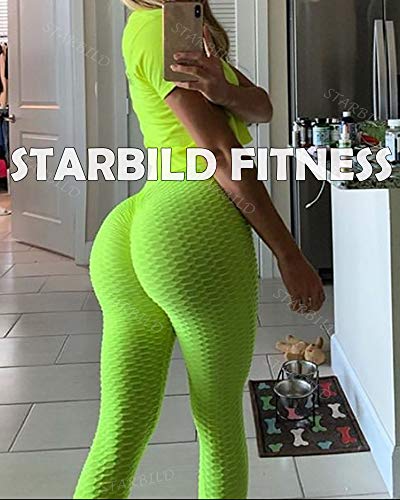 STARBILD Leggings de Fitness Mallas Pántalones Largos Deportivos Cintura Alta Elástico Control de Barriga para Mujer Yoga Gimnasio #Booty-Amarillo Brillante M