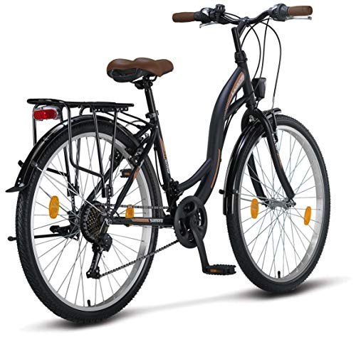 Stella Bicicleta para Mujer, 26 Pulgadas Luz de Bicicleta 21 Marchas Ciclismo Niña Mujer Niña Infantil Florencia Amsterdam Bicicleta Hollanda Retro Bicicleta Infantil Bicicleta, Color Negro