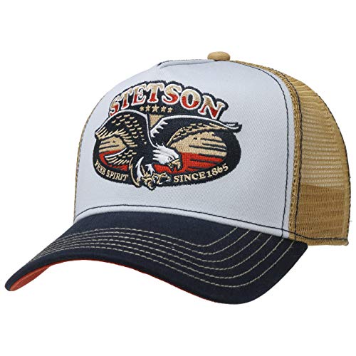 Stetson Gorra Trucker Free Like an Eagle Hombre - Camionero de béisbol Malla Snapback, con Visera, Forro, Forro Verano/Invierno - Talla única Beige-Azul