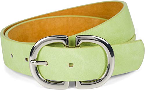 styleBREAKER Cinturón de dama unicolor con doble hebilla en forma de D, cinturón de cadera, cinturón de cintura, puede ser acortado 03010117, tamaño:100cm, color:Verde manzana-plateado