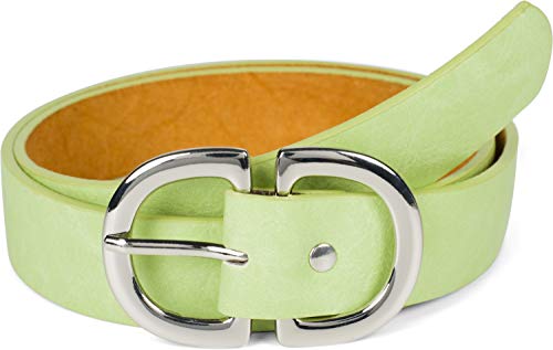 styleBREAKER Cinturón de dama unicolor con doble hebilla en forma de D, cinturón de cadera, cinturón de cintura, puede ser acortado 03010117, tamaño:100cm, color:Verde manzana-plateado