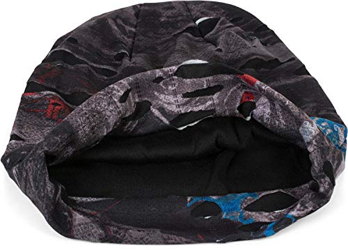 styleBREAKER Gorro Tipo Beanie, Estilo Splat con Manchas y símbolos, Look Vintage Destruido, Beanie Largo encorvado, Unisex 04024077, Color:Negro-Gris-Rojo-Azul