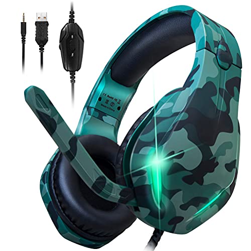 Stynice Auriculares Gaming para PS4 PS5 PC Xbox One Laptop Mobile - Estéreo Sonido con Jack de 3.5 mm y luz LED Cascos Gaming con Microfono (Camuflaje)