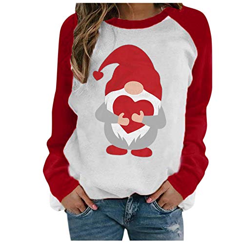 Sudadera Cuello Redondo para Mujer Navidad,Moda Manga Larga Jersey Casual Alce impresión navideño Suéter Otoño Invierno Primavera Suelto Tops Suéter Blusa Abrigo Deportiva (Rojo-4, XXL)