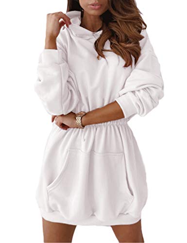 Sudaderas con Capucha Mujer Manga Larga Jersey Larga Casual Vestidos Sudadera Vestidos Hoodie Jersey Larga con Bolsillos Blanco XL