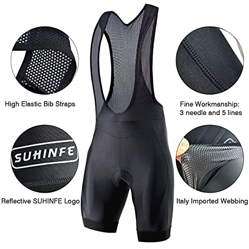 SUHINFE Culotte con Ttirantes Ciclismo para Hombre, Shorts de Bicicleta con Correas de Hombro Ligeras, Almohadilla de Esponja de Alta Elasticidad y cincha Antideslizante, Negro, L