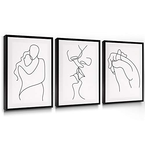 SUMGAR Cuadros en Lienzos Modernos Minimalistas Línea Blanco y Negro para Decoracion Salon Dormitorio Pasillo con Marco 30x40cm 3 Piezas Regalo