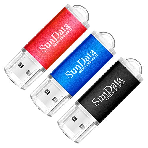 SunData Memorias USB 3 Piezas 32GB PenDrives 32GB Unidad Flash USB2.0 Pen Drive con Luz LED (3 Colores: Negro Azul Rojo)