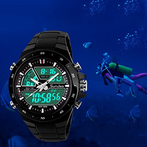 SunJas Reloj Pulsera Deportivo para Hombres Color Oro Resistente a Agua de 50m Digital con Luces Banda Desmontable de Multifunciones para Deportes Exteriores