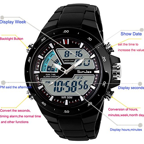 SunJas Reloj Pulsera Deportivo para Hombres Color Oro Resistente a Agua de 50m Digital con Luces Banda Desmontable de Multifunciones para Deportes Exteriores