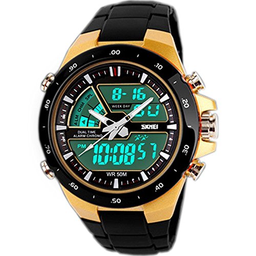 SunJas Reloj Pulsera Deportivo para Hombres Color Oro Resistente a Agua de 50m Digital con Luces Banda Desmontable de Multifunciones para Deportes Exteriores