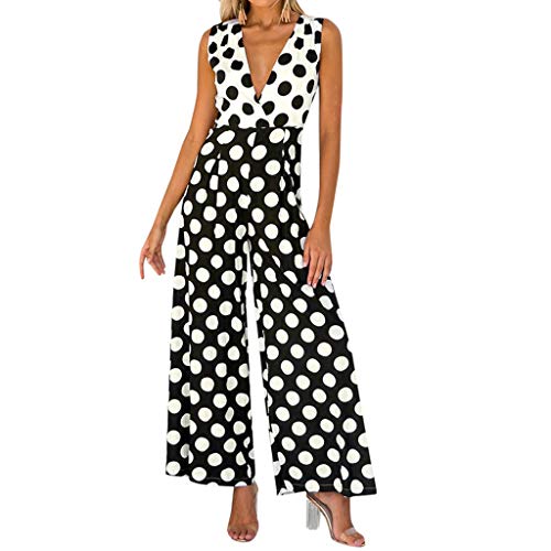 SUNNSEAN Monos Mono Largo Mujer Traje de Vestir Lunares sin Mangas con Cuello en V Elástico para Mujer Pantalones Anchos Vestidos de Fiestas Jumpsuits Mujer Petos Mujer (L, Negro)