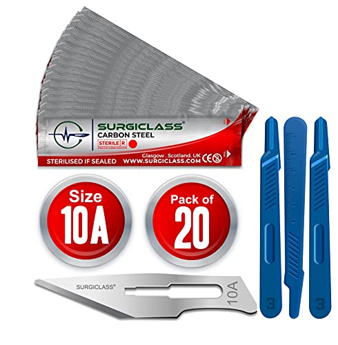Surgiclass Hoja estéril de acero al carbono del bisturí quirúrgico 10A, 20pcs cuchillas y 3X manija del PVC no 3 RD10A-PK20-3X3