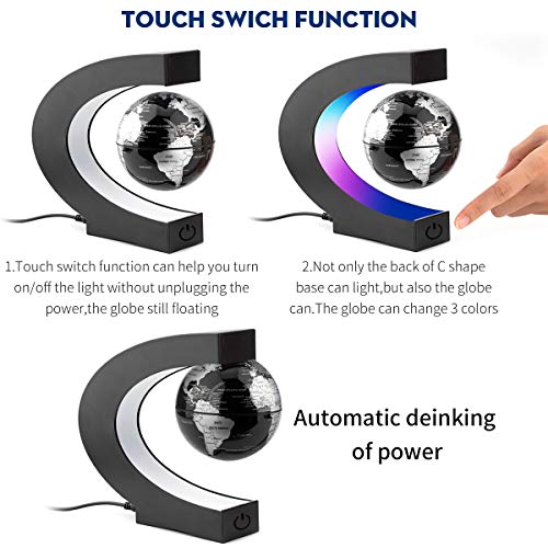 Surplex C Forma Globo Flotante de Levitación Magnética con Luces Color LED, Mapa de Mundial Rotativo para la Educación Enseñanza Inicio Oficina de Decoración de Escritorio Regalo (Negro)