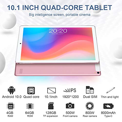 Tablet 10 Pulgadas Android 10.0, 4G LTE Tablets, 4GB de RAM y 64 GB/Scalabile a 128 GB, Dobles SIM, GPS, WiFi, 8000mAH,Teclado Bluetooth, Ratón, Funda para Tableta y Más Incluidos (Plata) (Rosa)