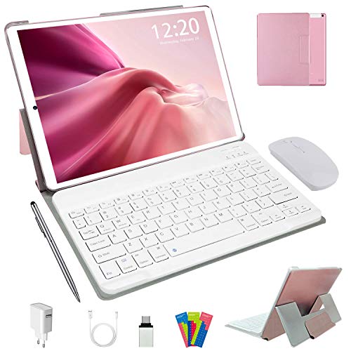 Tablet 10 Pulgadas Android 10.0, 4G LTE Tablets, 4GB de RAM y 64 GB/Scalabile a 128 GB, Dobles SIM, GPS, WiFi, 8000mAH,Teclado Bluetooth, Ratón, Funda para Tableta y Más Incluidos (Plata) (Rosa)