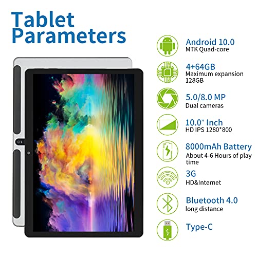 Tablets 10 Pulgadas Baratas, Android 10, Tableta con CPU de Cuatro núcleos, 4 GB de RAM, 64 GB de ROM, Pantalla IPS HD (1280x800), Tipo C, WiFi/GPS/Bluetooth 4.0. (Gris)