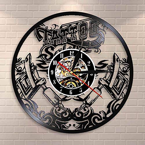 Tamaño 30 cm Tatuaje Studio Wall Sign Tattoo Salon Vinyl Record Wall Clcok Tatuaje Tienda de Tatuajes Máquina de Tatuaje Decoración de Pared Hombres Hipster Idea Regalo Halloween Wall Art