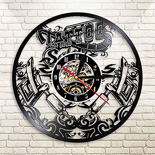 Tamaño 30 cm Tatuaje Studio Wall Sign Tattoo Salon Vinyl Record Wall Clcok Tatuaje Tienda de Tatuajes Máquina de Tatuaje Decoración de Pared Hombres Hipster Idea Regalo Halloween Wall Art