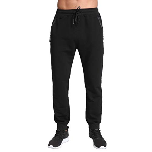 Tanzoer Pantalon Chandal Hombre Jogger Deporte Hombre Algodon Pantalon Tenis Running Deportivo Hombre Slim Fit Pantalon de Chandal con Bolsillos de Cremallera Negro 3XL