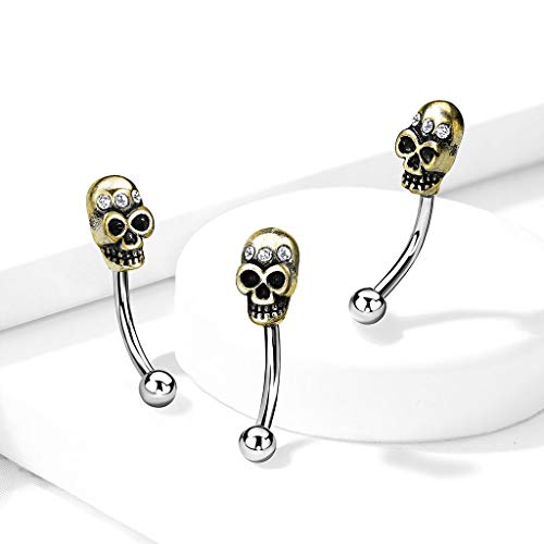 Tata Gisèle - Piercing curvado para ceja de acero quirúrgico 316L y cristales – Cabeza de calavera Biker dorado y cristales claros – Varilla curvada plateada – Aspecto envejecido – 8 mm