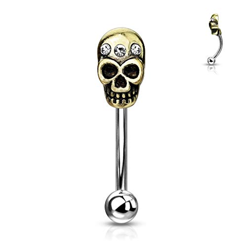 Tata Gisèle - Piercing curvado para ceja de acero quirúrgico 316L y cristales – Cabeza de calavera Biker dorado y cristales claros – Varilla curvada plateada – Aspecto envejecido – 8 mm