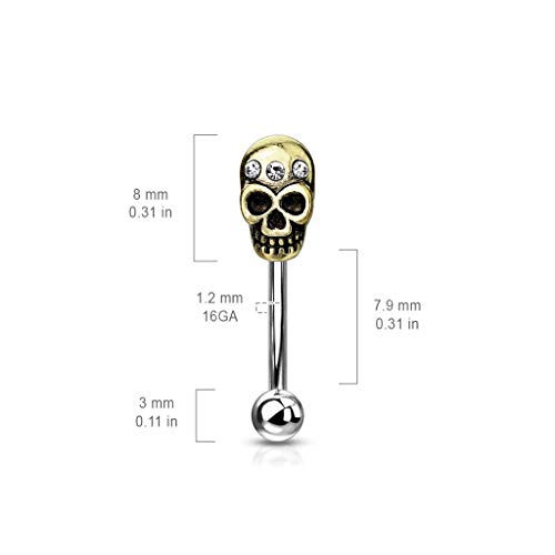 Tata Gisèle - Piercing curvado para ceja de acero quirúrgico 316L y cristales – Cabeza de calavera Biker dorado y cristales claros – Varilla curvada plateada – Aspecto envejecido – 8 mm