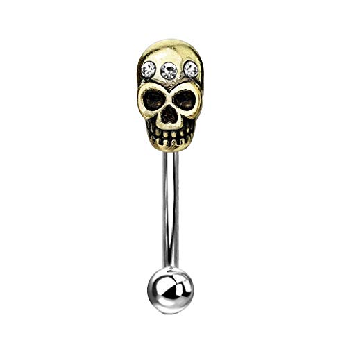 Tata Gisèle - Piercing curvado para ceja de acero quirúrgico 316L y cristales – Cabeza de calavera Biker dorado y cristales claros – Varilla curvada plateada – Aspecto envejecido – 8 mm