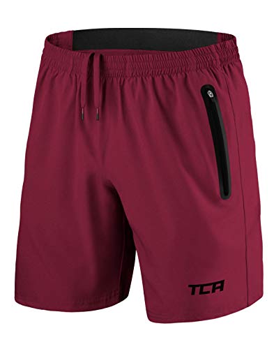 TCA Hombre Elite Tech Pantalones Cortos con Bolsillos con Cremallera - Rojo Oscuro, L