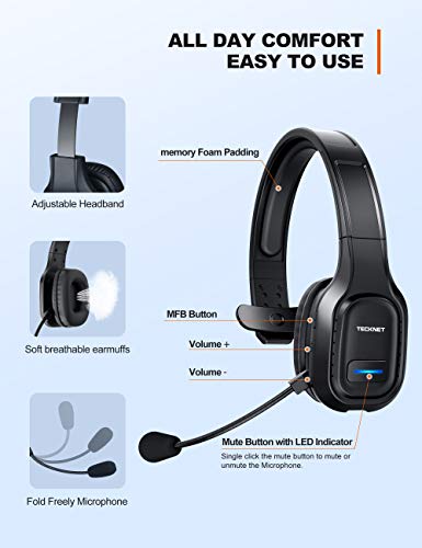 TECKNET Auriculares con Micrófonos PC,Auricular Bluetooth Cascos con Estación de Carga Cancelación de Ruido Sonido estéreo Claro Cascos Compartible Skype, Teléfono,Centros de Llamadas,Cursos Online