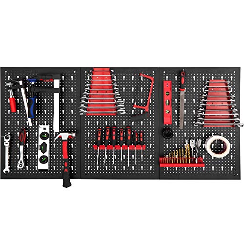 tectake 403559 Tablero perforado para herramientas, Panel metálico con agujeros para pared, Organizador multiusos con soportes, Estantería de almacenamiento portaherramientas