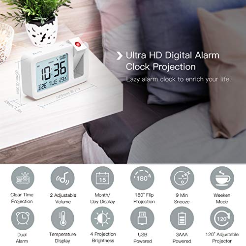 TedGem Despertador, Reloj Despertador Digital Despertador Proyector Despertadores Digitales Pantalla LCD de 3.8", 4 Brillos, 9 Min Posponer, 2 Sonidos Alarma, para Dormitorio/Oficina/Cocina