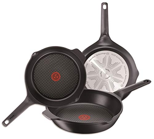 Tefal Aroma - Juego de 3 sartenes: Sartenes de 22, 24 y 26 cm de aluminio fundido y titanio, sartenes antiadherentes, tecnología Thermospot, cocción uniforme, todo tipo cocinas, sin PFOA, color negro