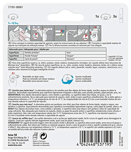 tesa Gancho de techo para papel pintado y yeso , gancho autoadhesivo , adecuado para montar elementos decorativos , cada gancho soporta hasta 0,5 kg , se puede retirar sin dejar rastro