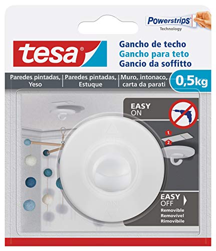 tesa Gancho de techo para papel pintado y yeso , gancho autoadhesivo , adecuado para montar elementos decorativos , cada gancho soporta hasta 0,5 kg , se puede retirar sin dejar rastro