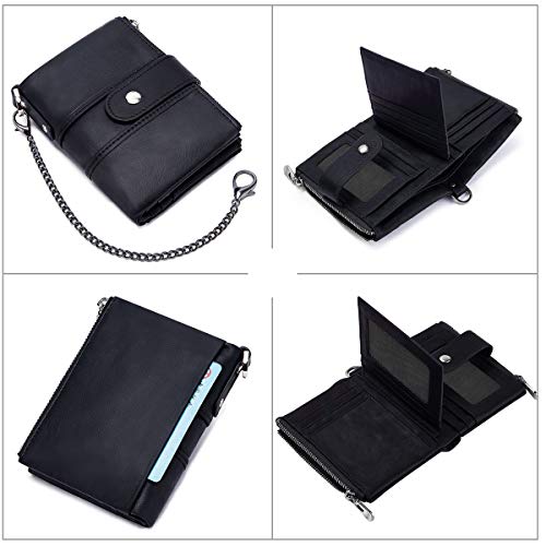 TEUEN Cartera Hombre Cuero Pequeña Billetera Cremallera para Hombre con Monedero Muchos Compartimentos, RFID Bloqueo Carteras Piel Bolsillo Hombre con Cadena 16 Ranuras para Tarjetas (Negro)